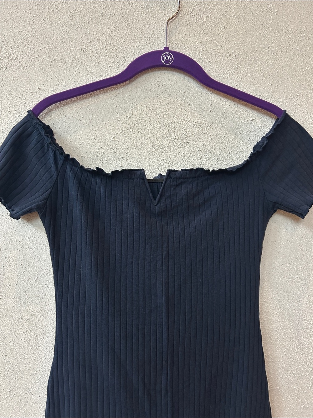 Off-Shoulder Ribbed Knit Mini Dress Navy - Picture 2 of 6